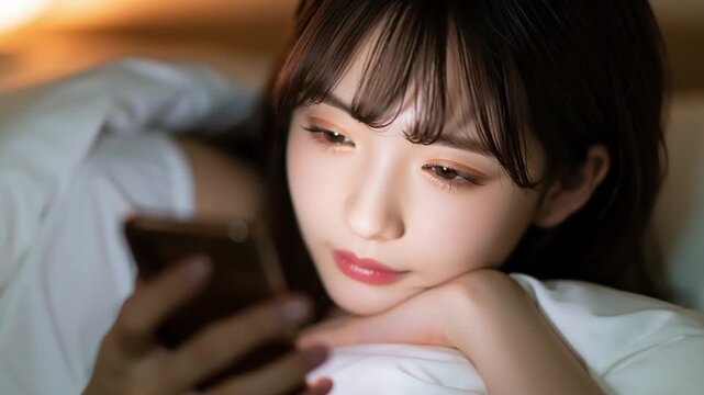 布団の中でスマホを触る日本人女性