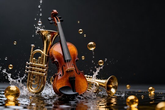 Violin and Brass Instruments in Water Splash