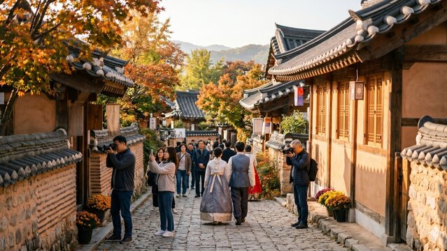 People taking photos in a traditional Korean village alley in autumn