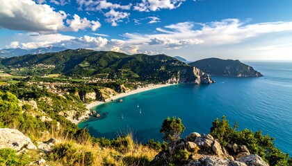 Obraz premium Scenic Coastal Bay Curving Along Green Hills Under Bright Blue Sky
