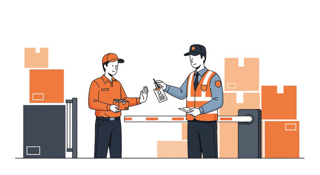 Logistics security check at warehouse gate with delivery man and guard