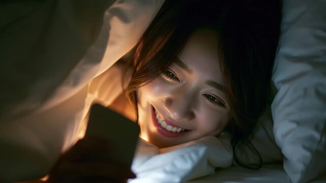 布団の中でスマホを触る日本人女性