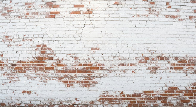 White painted brick wall with distressed red brick texture. Weathered white painted brick wall background.