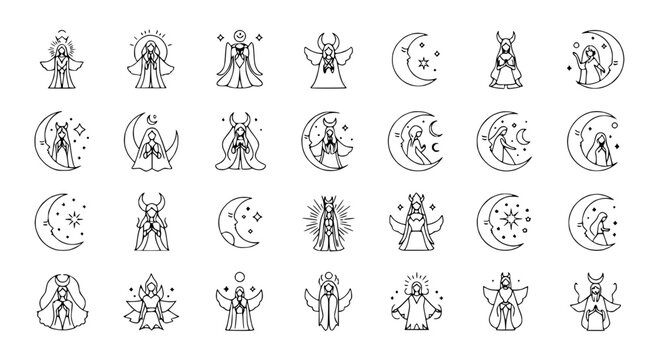 Celestial Goddesses and Crescent Moons Icon Set