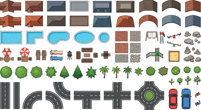 Top view set of house roofs, swimming pools, garden furniture, trees, roads and cars isolated on white background