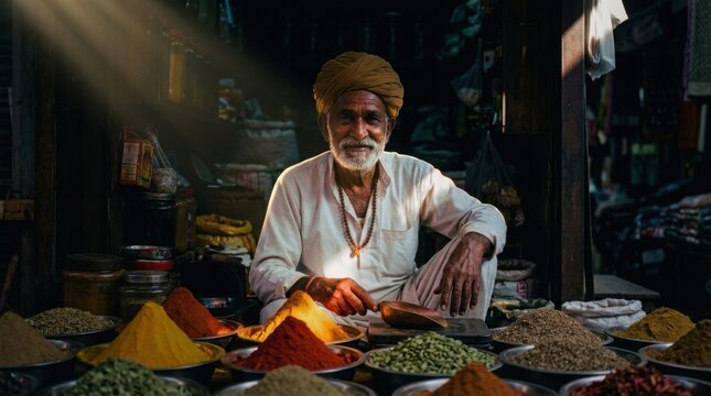 Elderly man selling colorful spices in a market stall.