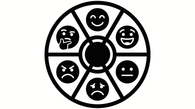 A black and white icon depicting a circular emotion wheel with six distinct facial expressions representing various human feelings.