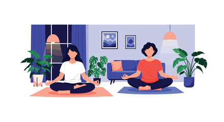 Fototapeta premium Couple practicing yoga and meditation together in a cozy living room at night for mental health and relaxation.