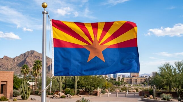 Arizona state flag with copper star, red and yellow rays, and blue field waving outdoors, desert landscape of cacti, trees, and mountains under clear sky.