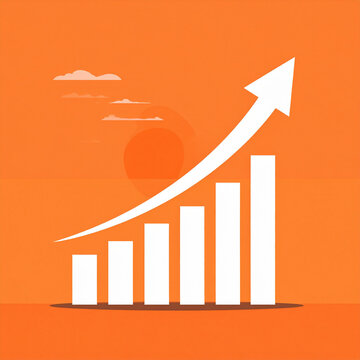 Growing bar chart with upward arrow on abstract orange background