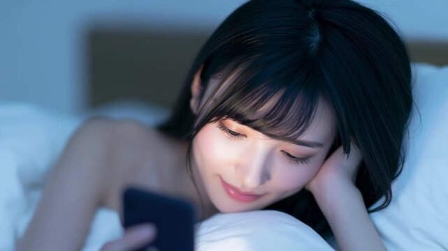 布団の中でスマホを触る日本人女性