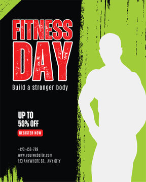 Fitness day poster, gym promotion template, workout discount flyer, exercise event banner