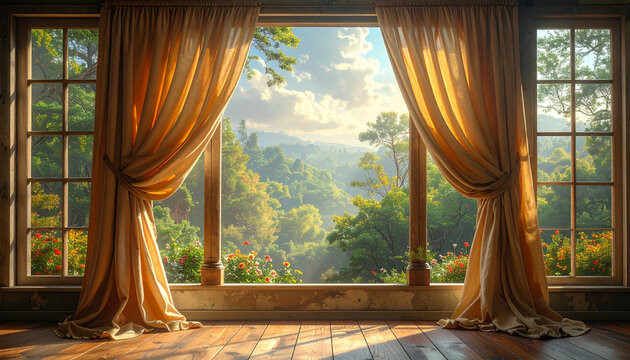 Open Window with Elegant Curtains and Nature View