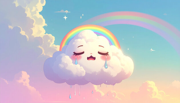 Cute Smiling Cloud with Rainbow in the Sky