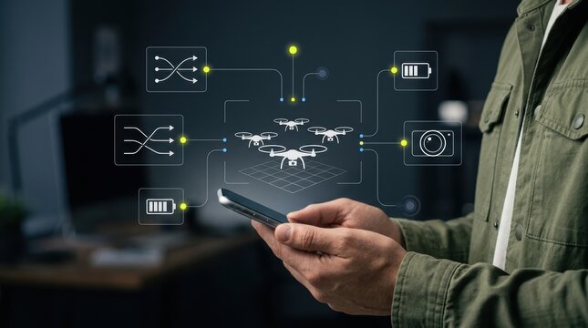 Man utilizing smartphone to orchestrate and oversee a sophisticated digital drone network, intelligent automation, remote operations, data analytics, future modern technology business concept
