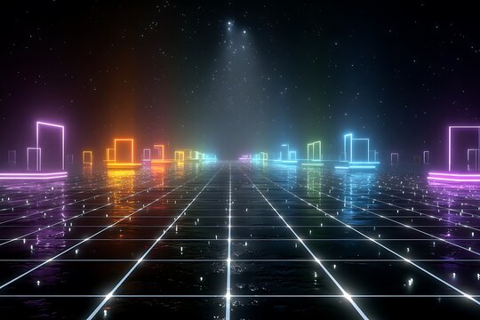 Futuristic neon cityscape grid with glowing rectangular buildings and reflective surface