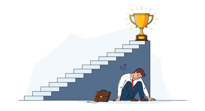 Depressed businessman sitting under stairs leading to gold trophy representing failure and missed career opportunities in corporate world.