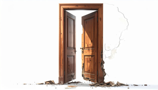 Open Wooden Door on White Background