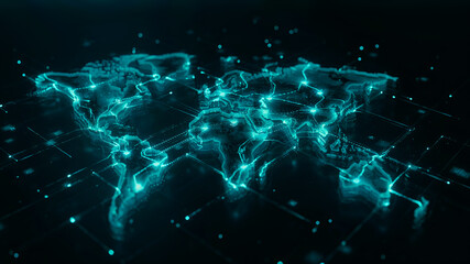 Obraz premium Advanced Global Data Network Visualization with Neon World Map and Intelligent Digital Infrastructure
