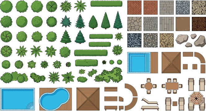 Top view landscape design elements set with trees, swimming pools, patio furniture and paving textures isolated on white background