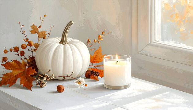 White Pumpkin by the Window with Candle