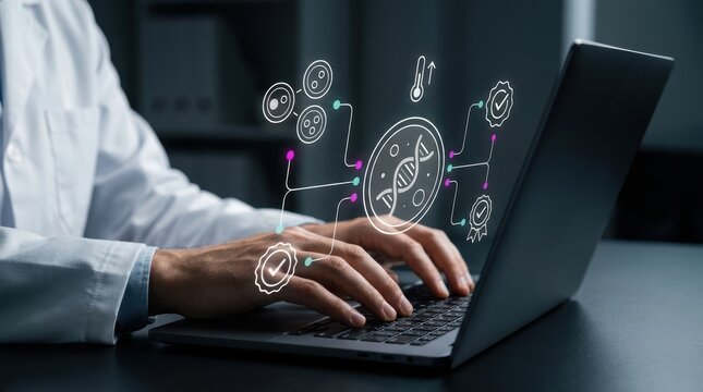 Medical professional typing on laptop, analyzing digital DNA sequencing and biological data, genomics research, biotech innovation, medical science, data management modern technology business concept