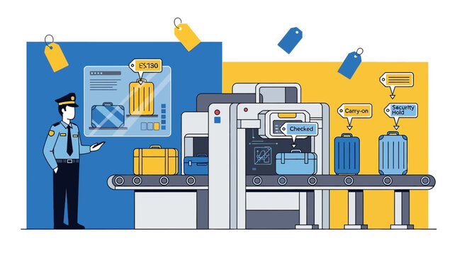 Airport Security Checkpoint Luggage Scan, X-ray Machine, Guard, Travel
