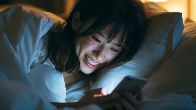 布団の中でスマホを触る日本人女性