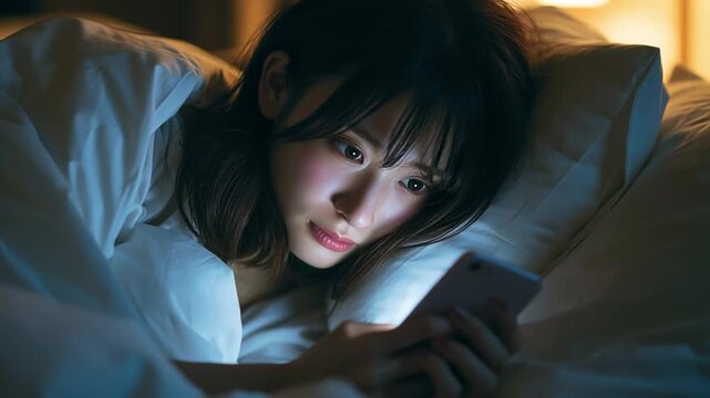 布団の中でスマホを触る日本人女性