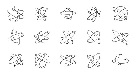 Cosmic Orbit Icons: Abstract Celestial Body & Starry Nebula Line Art Collection © Dika