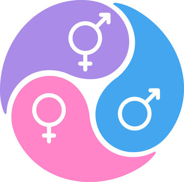 Triple yin yang with gender symbols in pink, blue and purple colors. Female, male and transgender or intersex. Vector clip art illustration.