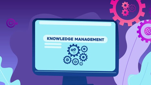 A computer screen displaying the text &ldquo;Knowledge Management&rdquo; and illustrations of gears