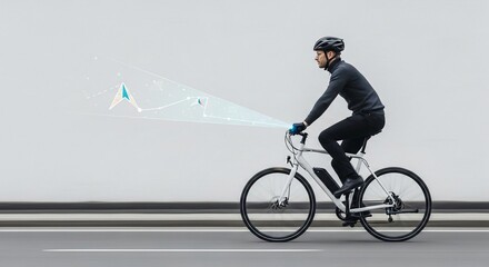 Fototapeta premium Man riding a smart electric bicycle with futuristic data stream visuals, showcasing connected urban mobility