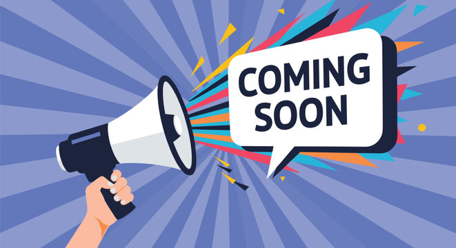 Hand holding a megaphone to announce that something new is coming soon with a colorful rays background and geometric shapes.