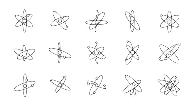 Hand-drawn atom models, scientific illustration, abstract physics symbols