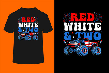 2nd Birthday Boy Monster Truck Red White and Two 4th of July T-Shirt  © ben
