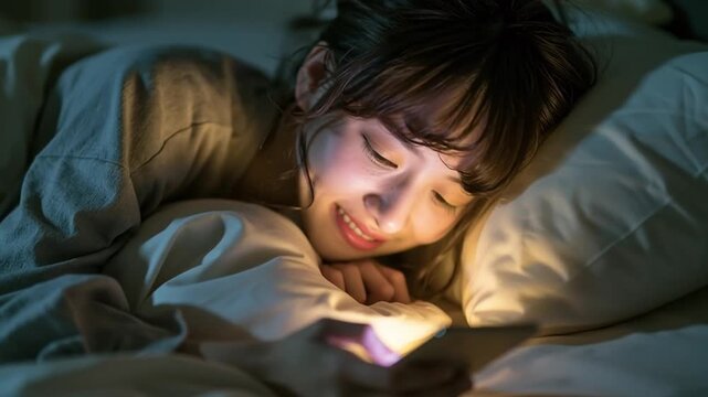 布団の中でスマホを触る日本人女性