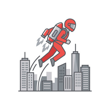 Astronaut in red space suit flying.