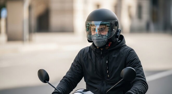 Person wearing a black smart helmet with a transparent visor displaying information while riding a motorcycle in an urban setting.