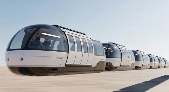 Sleek, modern commuter capsules gliding along a futuristic transit line