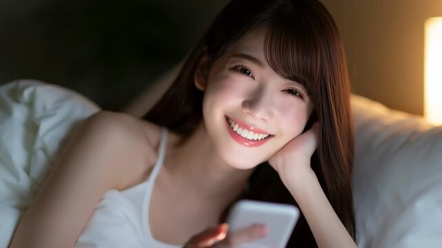 布団の中でスマホを触る日本人女性