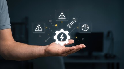 Person's open hand displays a glowing digital gear icon with connected warning, tool, and power symbols, system optimization, technical support, maintenance concept modern technology business concept © PNGLovers