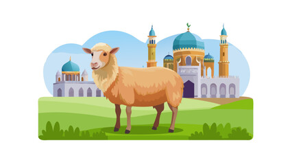 Fototapeta premium Smiling Sheep Standing in Front of Islamic Mosque with Blue Domes and Minarets in Sunny Pasture