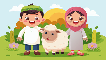 Fototapeta premium Children with Sheep in Sunny Meadow Cartoon Illustration Happy Family Farm Scene