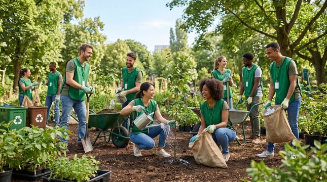 Diverse Volunteers Nurturing a Community Garden, Promoting Sustainable Practices and Teamwork Outdoors for a Greener Future