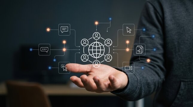 Person displaying global digital network with interconnected user and communication icons on an open hand, enterprise solution, data management, collaborative modern technology business concept