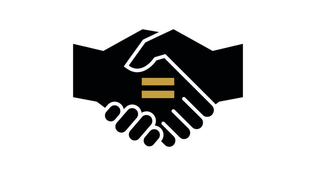 A black and white handshake with a golden equals sign symbolizing equality and partnership.