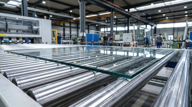 Large sheet of transparent glass moving along a roller conveyor system inside a modern industrial manufacturing factory
