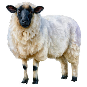 Fluffy white sheep with black face, isolated on transparent background