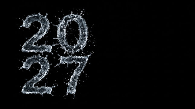 Water splash forming 2027 on black background with droplets for clean refreshment purity fluid motion future concept for web banners social media layouts seasonal advertising campaign headers